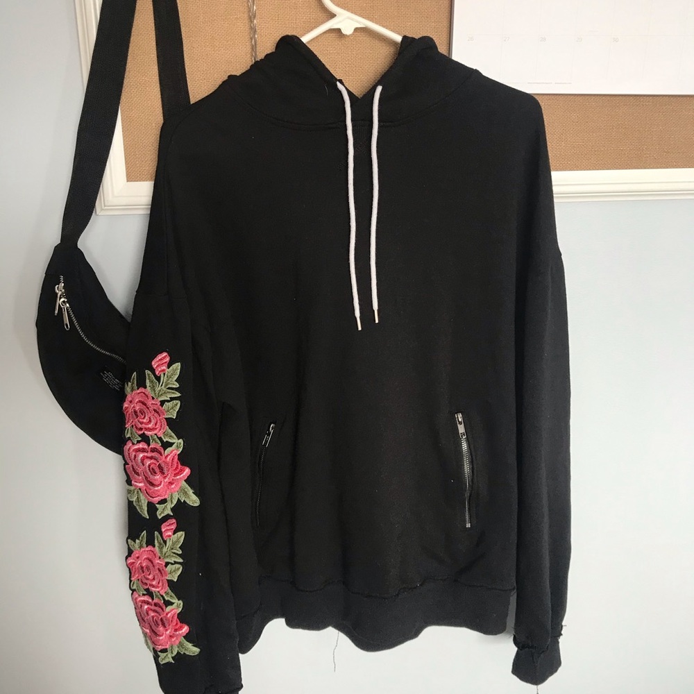 Rue21 Black Hoodie w/ Floral Design Sleeve